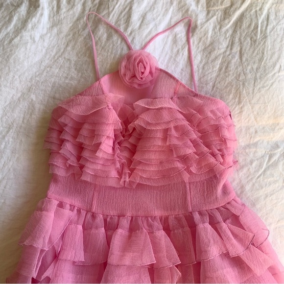 NWT Staud Florian Appliqué Flower Ruffle Halter Organza Mini Dress Tulip Pink - Picture 7 of 13